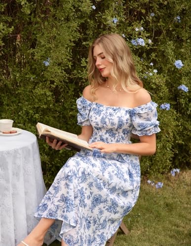 Scarlet Darkness Floral Dress for Women Summer Puff Sleeve Square Neck A Line Flowy Wedding Guest Tea Party Dresses