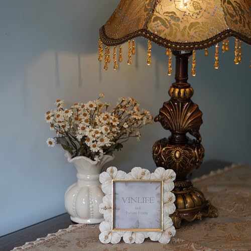 VINLIFE Small Vintage Picture Frames 4x4 Antique White and Gold Ornate Flower Picture Frame with Real Glass Tabletop and W...