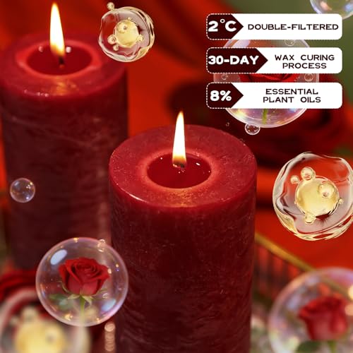 Romantic Rose Scented Pillar Candle - 2.8x6 Inch, 75-Hour Burn, Textured Red Rose Scented Candle for Women, Natural Aromat...