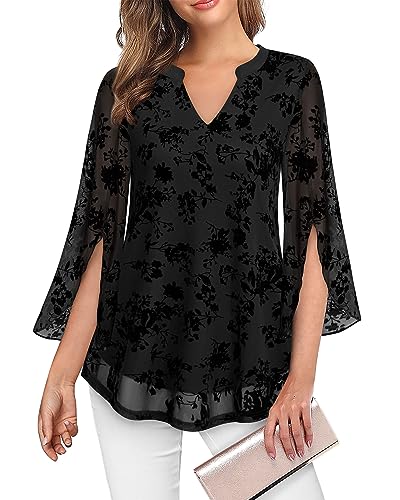 VALOLIA Women's 3/4 Sleeve Floral Tunic Tops V Neck Double Layers Loose Fit Mesh Blouses Shirt