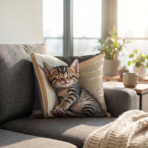 avpdupu Cat Pillow Cover 18x18 Inch Square Linen - Cute Animal Pillow Cover with Adorable Cat Design, Soft Decorative Thro...