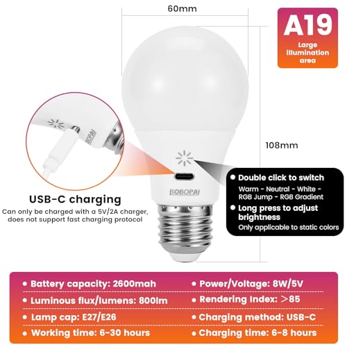 LED Rechargeable Light Bulbs With Remote ＆ Touch Dimmable, E26 Battery Operated Light Bulb for Lamps, RGB 12 Colors, 2600m...