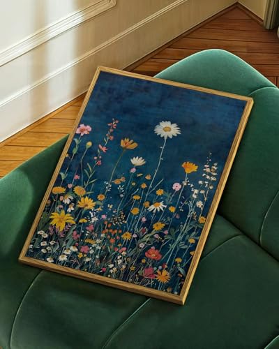 WHASAYART Botanical Floral Canvas Print 12x16 Framed Wildflower Wall Art, Rustic Dark Blue Colorful Flower Artwork, Vibran...