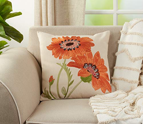 SARO LIFESTYLE 434P Le Tournesol Collection Embroidered Sunflower Design Linen Blend Filled Throw Pillow, Orange