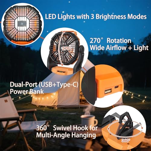 Portable Camping Fan Rechargeable ，Battery Operated Fans with Light 4 Speeds & Hook, USB Rechargeable Outdoor Camping for ...