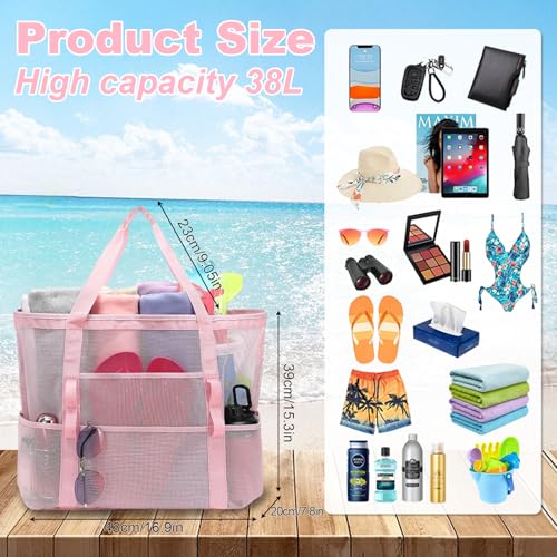 Viwnrxta 4Pcs Mesh Beach Bags with Zipper Pocket, Large Beach Tote for Cruise Family Travel Pool Vacation Essentials