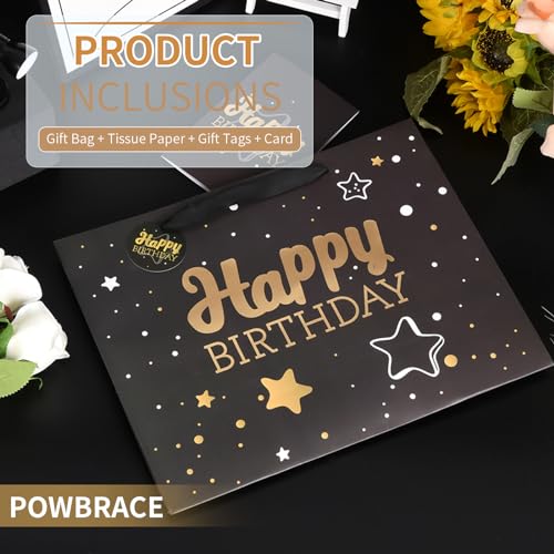 Powbrace Black Birthday Gift Bag with Tissue Paper and Greeting Card, 13'x10.2'x4.9', Medium (1-Piece Set, Black Starry Sk...