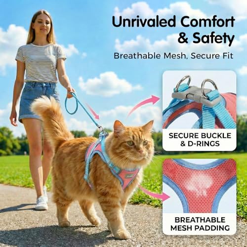 Cat Harness and Leash, Escape-Proof Cat Harness Set, Adjustable Step-in Pet Harness for Walking for Small Medium Cats (Blu...