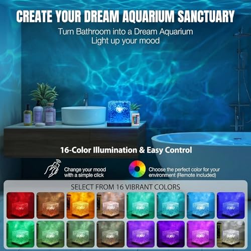 Rechargeable Ocean Wave Projector Light, 16 Color Changeable & Dimmable Shower Lamp with Remote, Cube Mood Ambient Lightin...