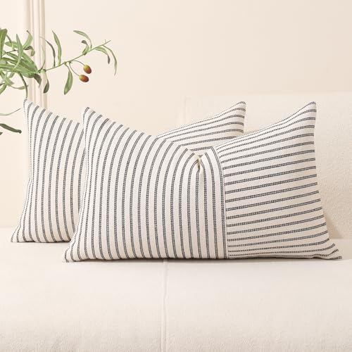 Hckot Farmhouse Pillow Covers 12x20, Lumbar Throw Pillow Covers Set of 2, Black Striped Patchwork Linen Decorative Pillows...