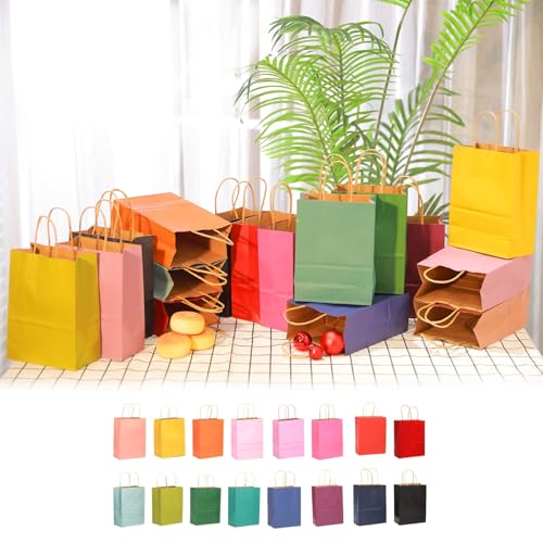 qiqee Medium Size Paper Gift Bags With Handles 10.6"x8.3"x4.3" 16 Solid Colors Party Favor Bags（16-Packs）