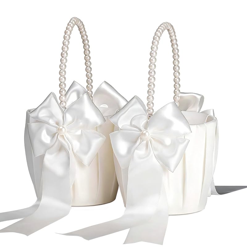 Flower Girl Baskets for Wedding,Ivory Flower Girl Basket With Pearl Handle set of 2,Wedding Baskets for Flower Girls