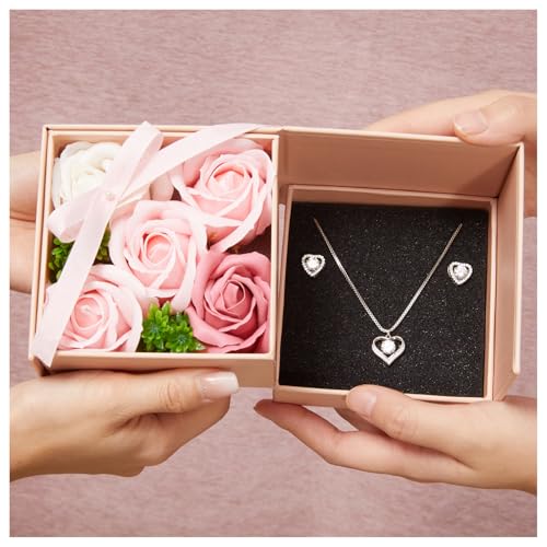 WDS WONDROUS Preserved Rose Jewelry Gift Set for Women, Forever Rose Flower with Heart Necklace & Earrings for Valentine's...