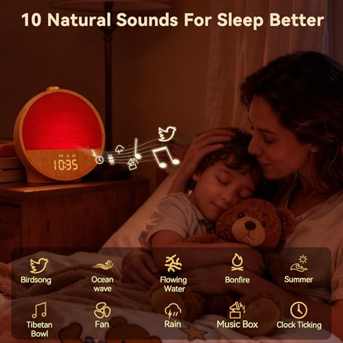 Vivilumens Wood Grain Sunrise Alarm Clock, Gentle Wake-Up Light Sound Machine, Dual Alarms for Heavy Sleepers, Natural Sou...