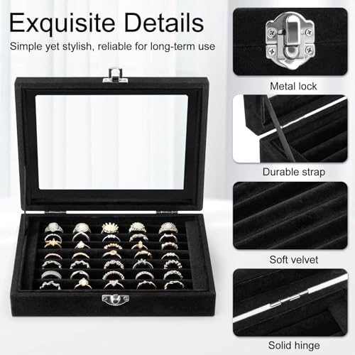 Jutieuo Velvet Ring Organizer Box, 7 Slots Jewelry Holder with Glass Lid Earring Display Tray Storage Case Gift for Women ...