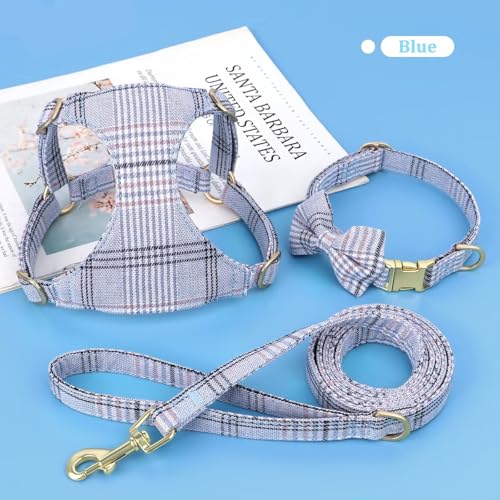Beirui Cute Extra Small Dog Harness Collar and Leash Set with Bowtie, Soft Adjustable Plaid Puppy Harness for Small Sized ...