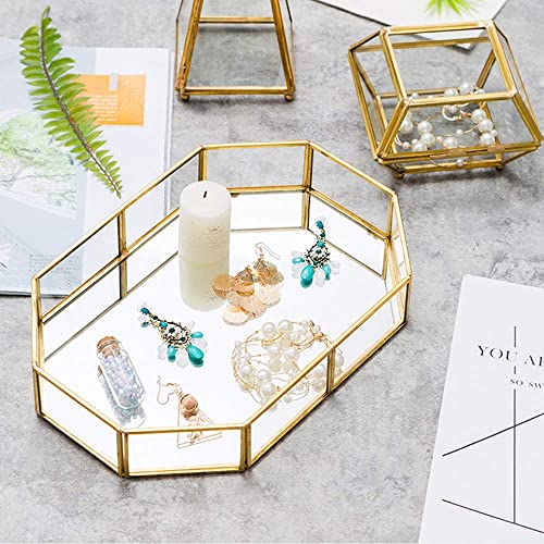 Decorative Metal Mirror Catchall Tray, Glass Vanity Tray, Dresser Tray, Jewelry Display Tray, Vanity Organizer for Accent ...