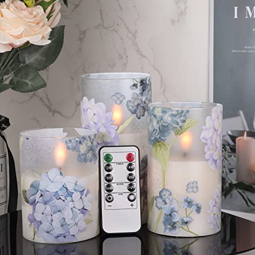DRomance Hydrangea Glass Flameless Candles with Remote Timer Battery Operated LED Flickering Pillar Candles Real Wax Sprin...