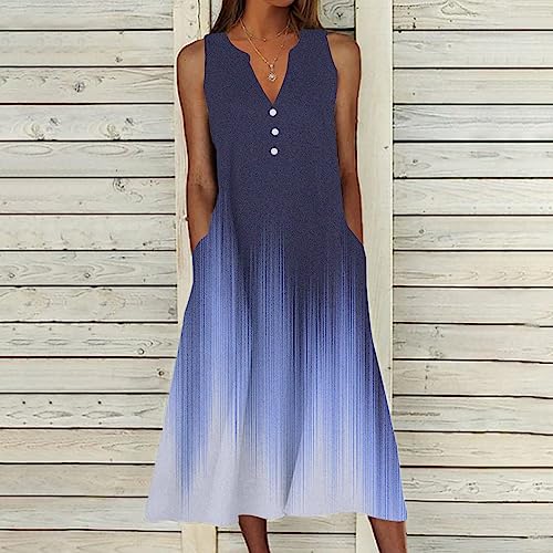 SMIDOW Womens Summer Design Casual Dress Fashion Floral Printed Elegant Dress Sleeveless V-Neck Long Dress with Pockets