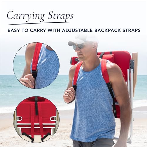 CARIBBEAN JOE Folding Beach Chair, 4 Position Portable Backpack Foldable Camping Chair with Headrest, Cup Holder, and Wood...