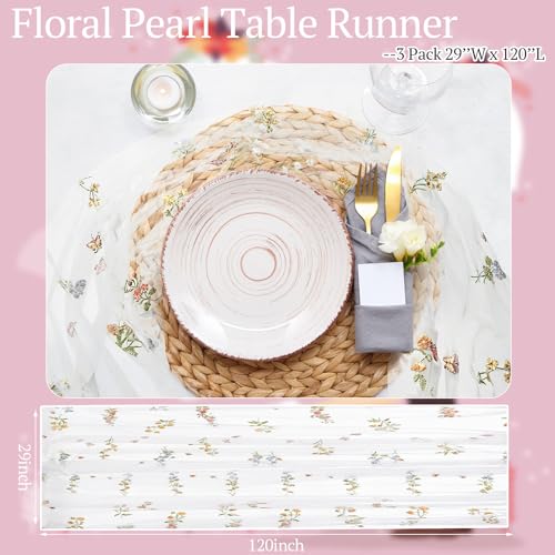Lounsweer 3 Pcs Wildflower Table Runner 10ft/ 29 Inch x 120 Inch White Embroidery Wildflower Spring Summer Tulle Lace Runn...
