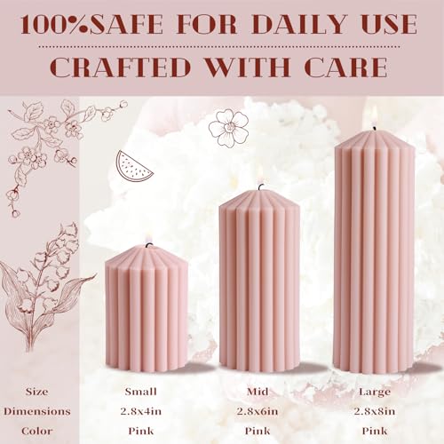 Pink Ribbed Pillar Candle Set of 3 - Wild Bluebell Scented Soy Wax Candle,Aesthetic Decorative Textured Pillar for Home De...