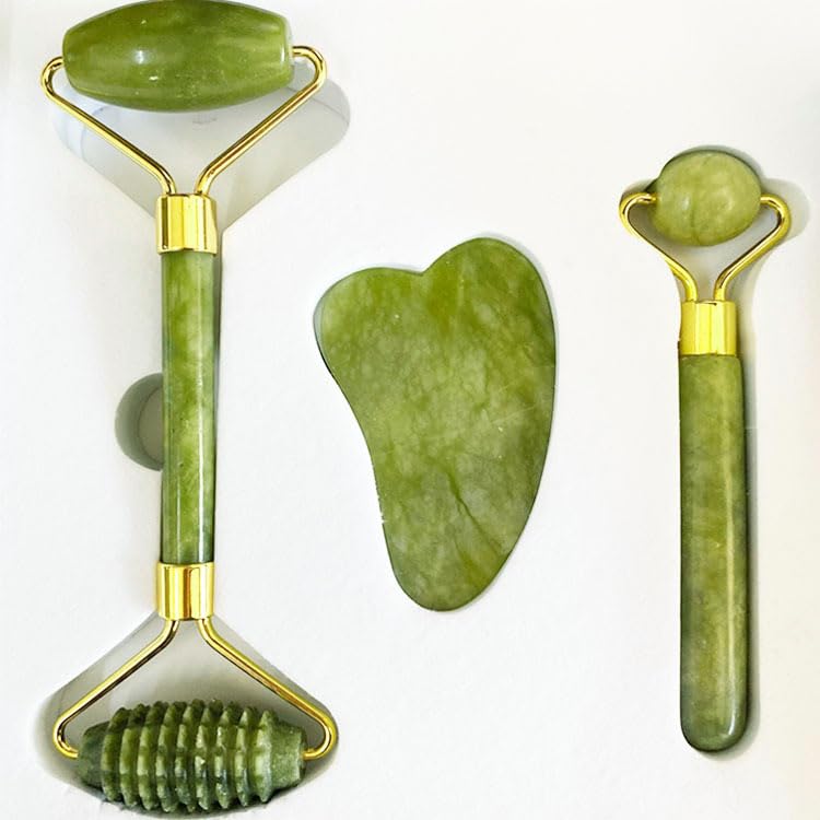 3-in-1 Jade Roller and Gua Sha Facial Kit | 100% Natural Jade Stone Massager Set for Anti-Aging, Wrinkle Reduction & Skin ...