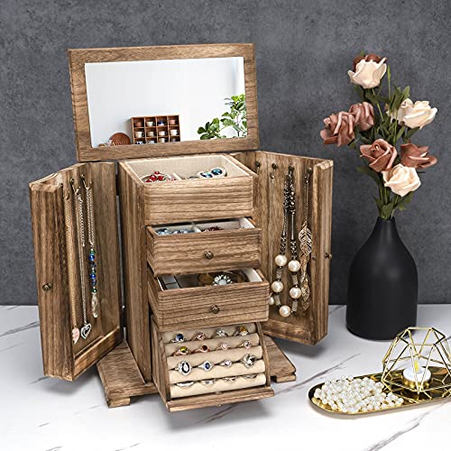 Emfogo Jewelry Box for Women, Rustic Wooden Jewelry Boxes & Organizers with Mirror, 4 Layer Jewelry Organizer Box Display ...