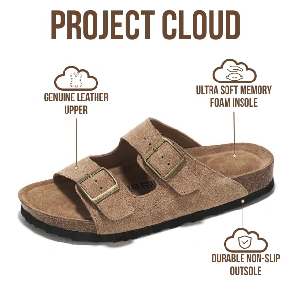 Project Cloud 100% Genuine Leather Flat Sandals For Women 2026 Cork Footbed Womens Sandals with Memory Foam and arch suppo...