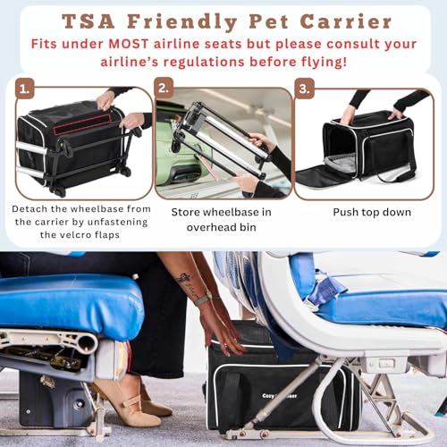 Cozy Cruiser Airline Approved Top-Expanding Pet Carrier on Wheels- Extra Spacious Soft Lined Carrier! 18x11x11 (Grey, Expa...