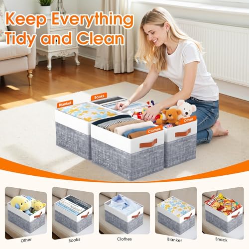 Fab totes Collapsible Storage Baskets for Shelves,14"x10", 4 Pack Foldable Fabric Storage Bins with Double Leather Handle...