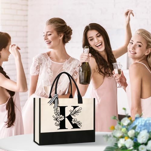 Tecanne Personalized Initial Canvas Tote Bag, Suitable for Birthday, Wedding, Beach, Holiday, Gifts for Women, Mom, Teache...