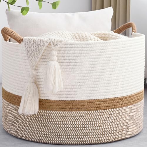 Degeyoyo 67L Large Blanket Basket, 20"x13" Woven Storage Baskets With Handle, Cotton Rope Blanket Basket Living Room, Baby...