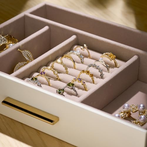 pickpiff Jewelry Box Organizer Case for Women: 3-Layer Jewelry Storage Case with Glass Window, Ivory Leather with Pink Vel...