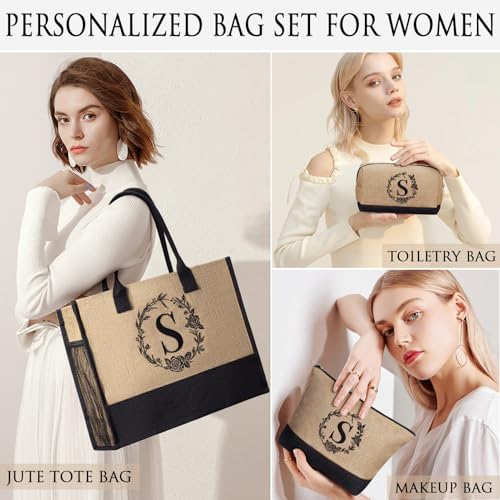 Personalized Gifts for Women Tote Bag, Initial Jute Tote Bag & Makeup Bags Monogrammed Beach Bag w/ Zipper, Mothers Day Bi...