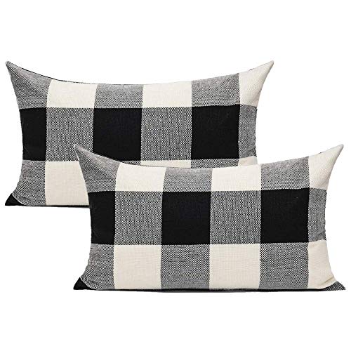 VAKADO 12x20 Set of 2 Black White Outdoor Throw Pillow Covers Buffalo Check Plaids Lumbar Farmhouse Retro Checkers Cotton ...