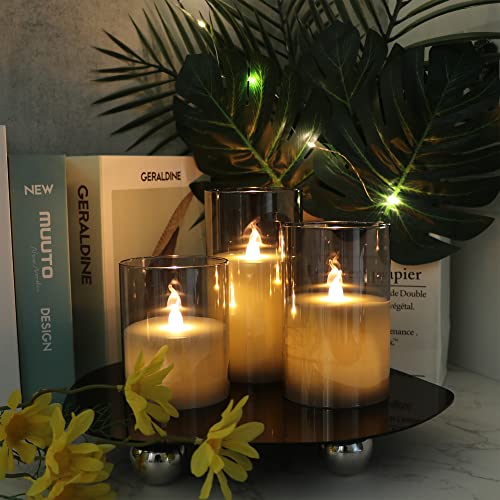 GenSwin Gray Glass Battery Operated Flameless Led Candles with 10-Key Remote and Timer, Real Wax Candles Warm White Flicke...