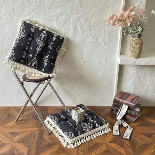 Huierxun Set of 2 Floral Printed Chair Pads with Tassels Cotton Linen Square Chair Cushions 17x17x3 Inch Seat Cushion for ...