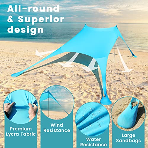 Beach Tent - 9.8 * 6.5 FT Beach Canopy, Portable Beach Tent Sun Shelter UPF50 with 4 Sandbags, 2 Stability Poles Ground Pe...