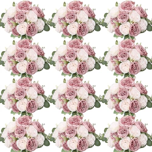 Nagobi Peonies Artificial Flowers Bulk, 12 Bundles Fake Silk Peonies Faux Eucalyptus Bouquet Realistic Peony Floral Arrang...