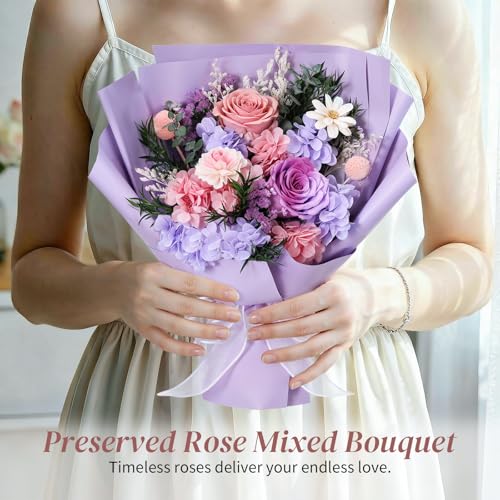 Lewondr Flower for Delivery, Preserved Flowers Bouquet, Purple Rose Bouquet, Real Long-Lasting Forever Birthday Flowers Gi...