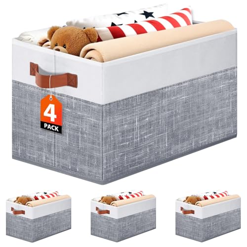 Fab totes Collapsible Storage Baskets for Shelves,14"x10", 4 Pack Foldable Fabric Storage Bins with Double Leather Handle...