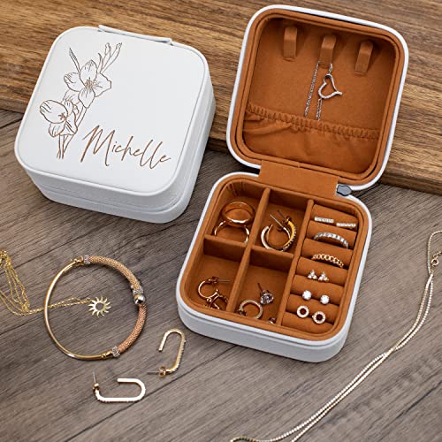 Custom Leather Jewelry Box w/Name & Birth Flower Month - Birthday Gifts for Women, Personalized Jewelry Travel Case - Cust...