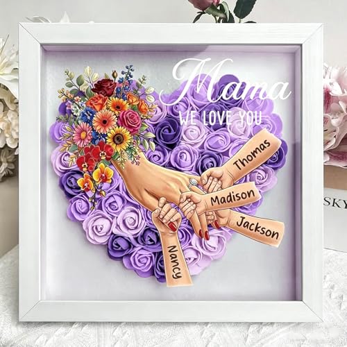 Personalized Mommy Holding Hands Shadow Box with Ring & Manicure – Custom Kids Names Floral Heart Frame, Premium (Holding ...
