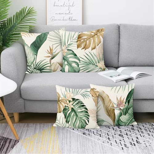 Bonhause Tropical Leaves Throw Pillow Covers 18 x 18 Inch Green Brown Leaf Decorative Pillow Cases Polyester Linen Outdoor...