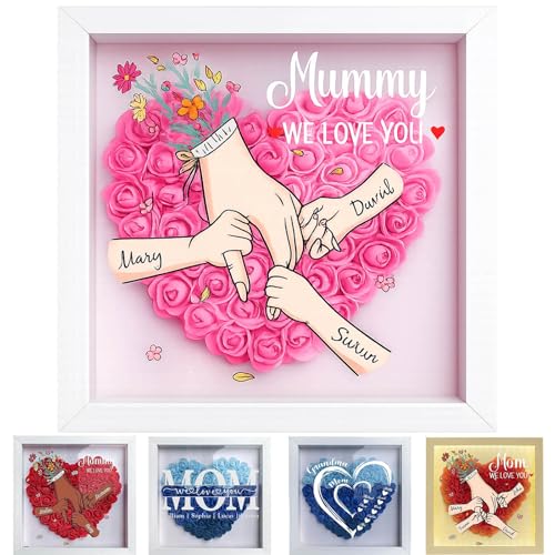 Custom Flower Shadow Box for Mom with Kids Names & Holding Hands, LED Light, Personalized for Mom Grandma from Daughter So...