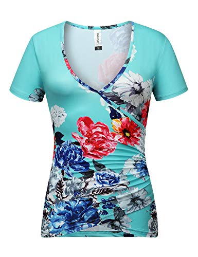 Beauhuty Women's Deep V Neck Short Sleeve Front Wrap Ruched Sexy Slim Fit Tops