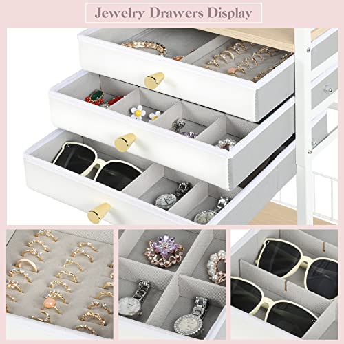 Keebofly Jewelry Organizer Stand with 3 Drawers, Large Necklace Holder & Earring Organizer Rack, Wooden Jewelry Tree Tower...
