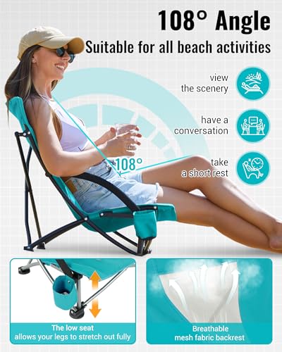 KingCamp Low Beach Chair, High Back Folding Camping Chair for Adults, Oversized Breathable Mesh Seat, 300lbs Heavy Duty Po...