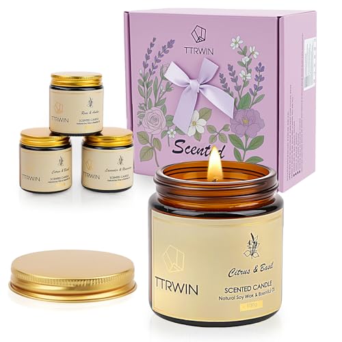 TTRWIN Scented Candles Gift Set, 4 Pick Natural Soy Candles: British pear & Freesia, Rose & Amber, Lavender & Rosemary, Ci...